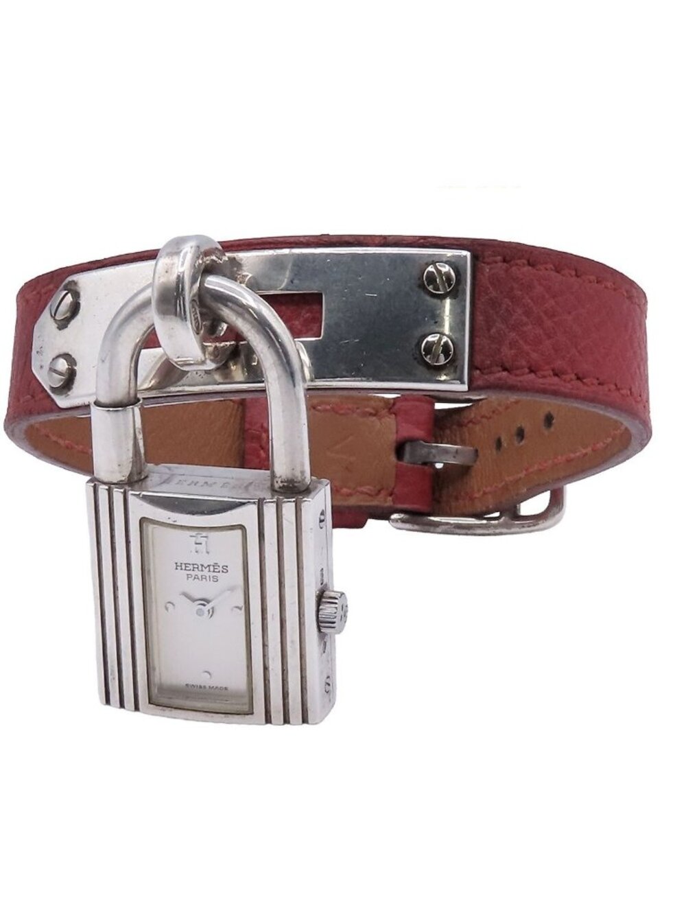 Hermes Kelly Watch Silver Rouge Ash Leather Vintage Quartz